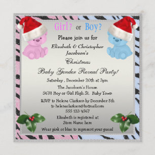 Christmas Baby Gender Reveal Bears in Santa Hats Invitation
