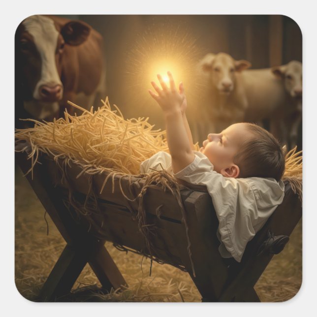 Christmas Baby Jesus In a Manger Square Sticker (Front)