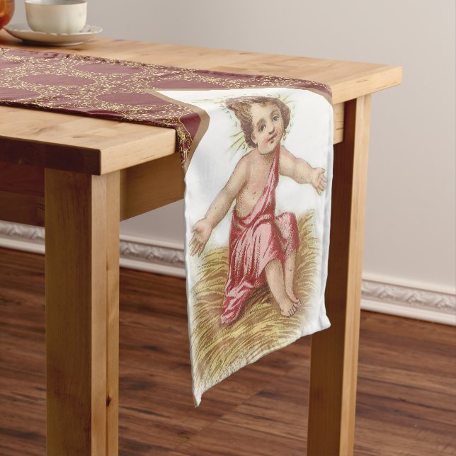 Christmas Baby Jesus in Manger Gold Maroon Short Table Runner (In Situ)