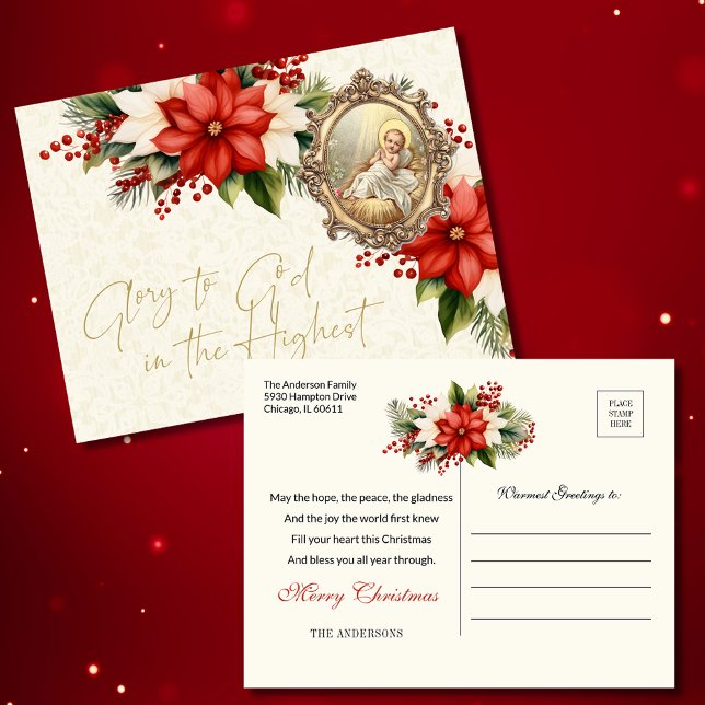 Christmas Baby Jesus Poinsettias Merry Christmas Postcard (Creator Uploaded)