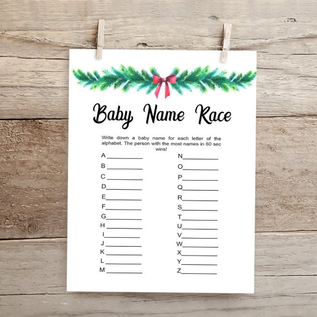 Christmas Baby Name Race Baby Shower Game Card  (Creator Uploaded)