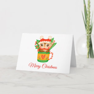 Christmas Baby Owl in a Teacup with Candy Cane Holiday Card
