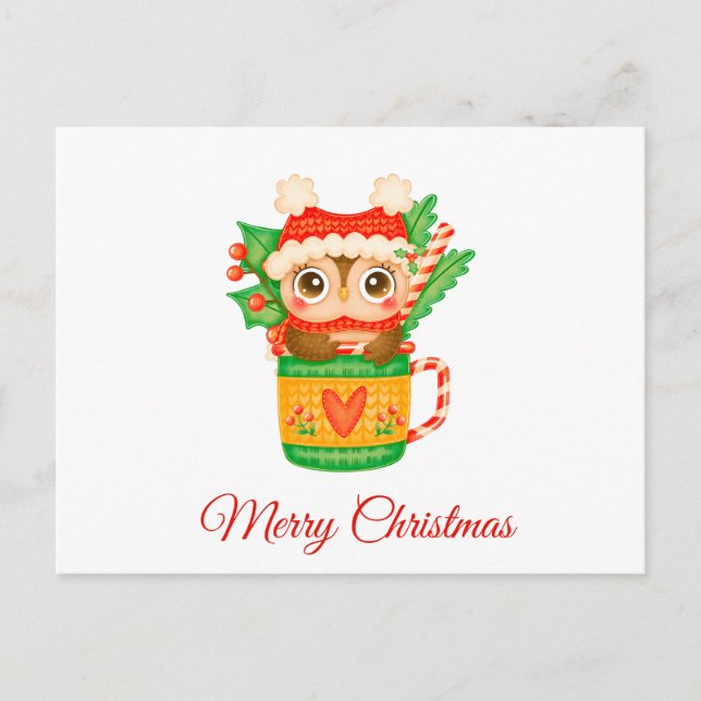 Christmas Baby Owl in a Teacup with Candy Cane  Holiday Postcard (Front)