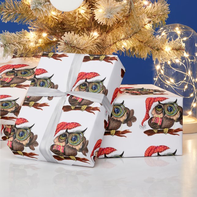 Christmas Baby Owl In Hat and Gift Wrapping Paper (Holidays)