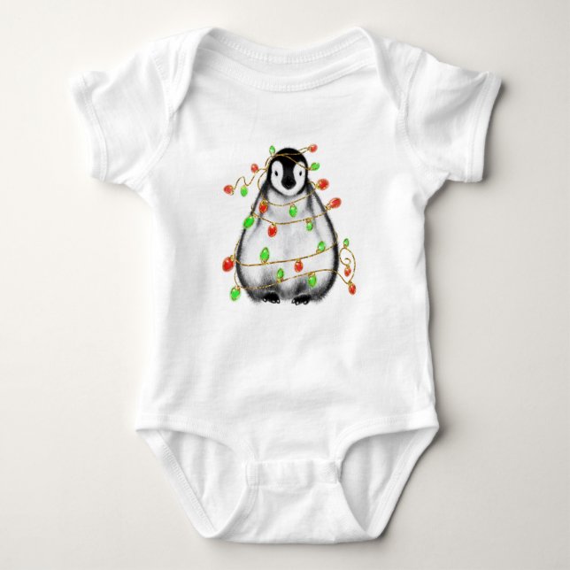 Christmas baby penguin red green holiday lights baby bodysuit (Front)