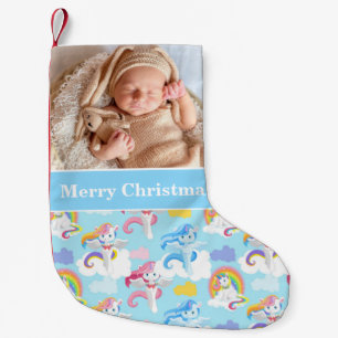 Christmas Baby Photo Blue Unicorns Small Christmas Stocking