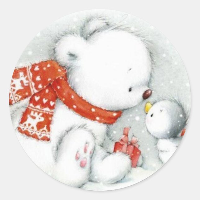 Christmas Baby Polar Bear Kissing Bird Classic Round Sticker (Front)