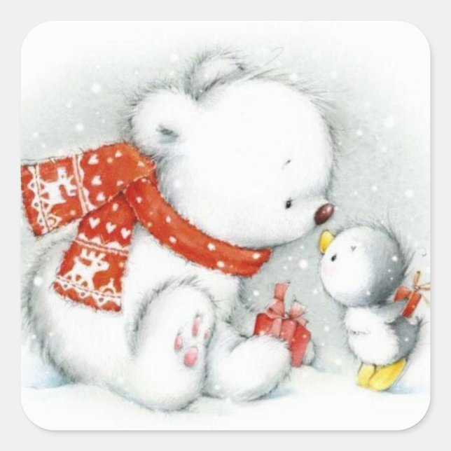 Christmas Baby Polar Bear Kissing Bird Square Sticker (Front)