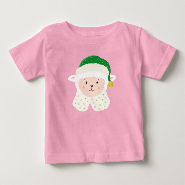 Christmas Baby Sheep Wearing Elf Hat Baby T-Shirt (Front)