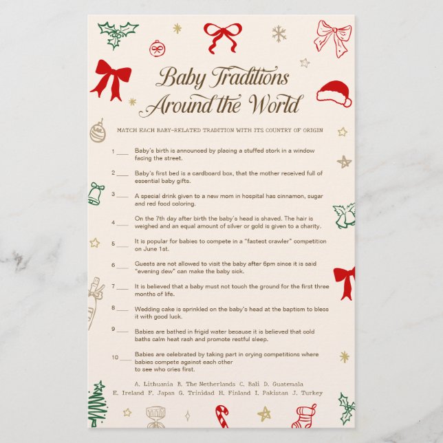 Christmas Baby Shower Baby Tradtions Game  (Front)
