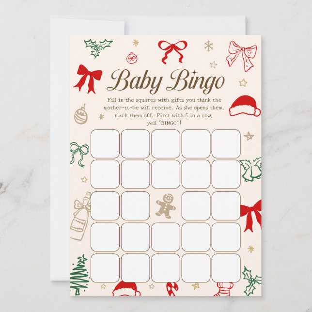 Christmas Baby Shower Bingo Game Downloadable Card (Front)