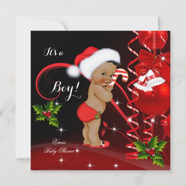 Christmas Baby Shower Boy Red Santa Hat Ethnic Invitation (Front)