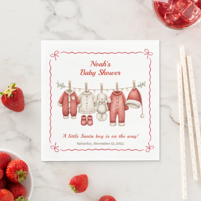 Christmas Baby Shower Boy | Santa Baby Red & White Napkin (Insitu)