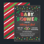 Christmas baby shower gender neutral chalkboard invitation<br><div class="desc">[All text are editable,  except "BABY SHOWER"]
Get this stylish design now!
Occasion: baby shower.
Theme: Christmas,  holiday party
Style: modern,  chic,  cheerful,  fun
Colours: red,  white,  green,  festive colours.
Graphics: chalkboard background,  Christmas candy cane,  colourful Christmas string light</div>