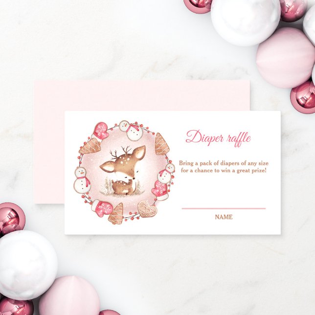 Christmas Baby Shower Girl Diaper Raffle Card (Pink Christmas baby shower diaper raffle with a cute baby deer)