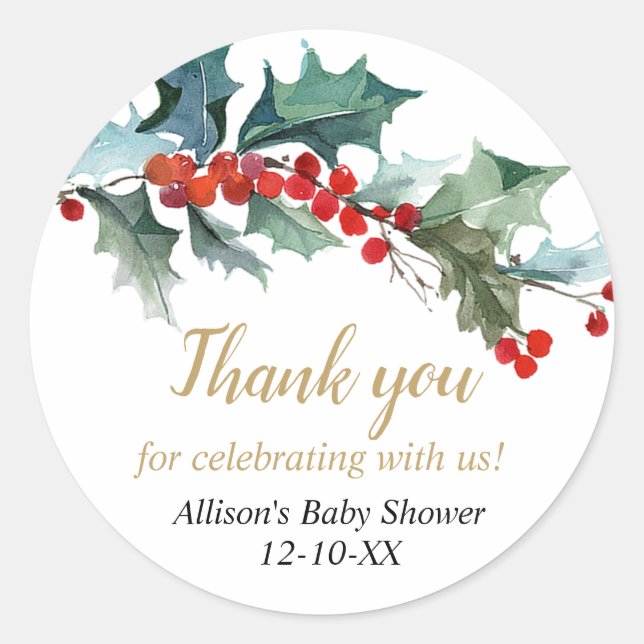 Christmas baby shower Greenery holly red gold Classic Round Sticker (Front)