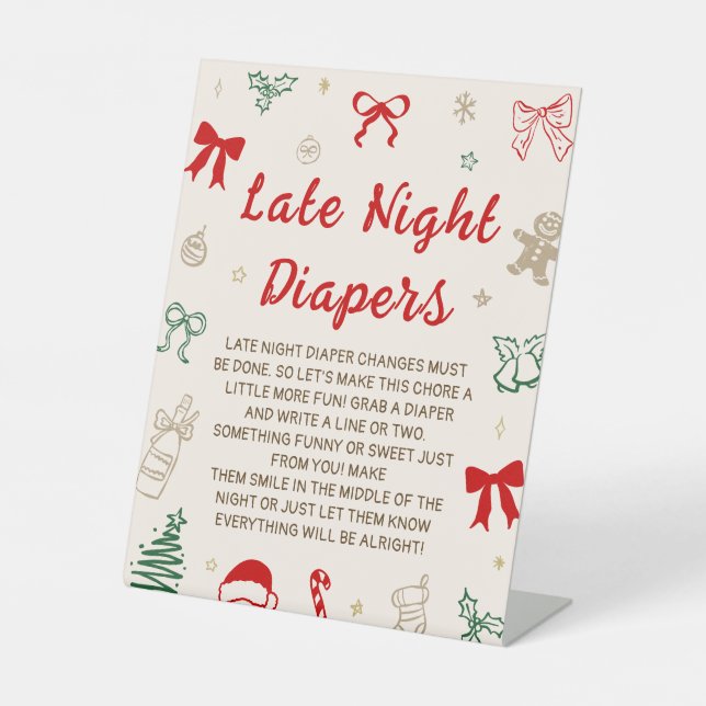 Christmas Baby Shower Late Night Diapers Game Pedestal Sign (Front)