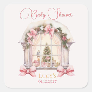 Christmas Baby Shower Pink Nutcracker Watercolor Square Sticker