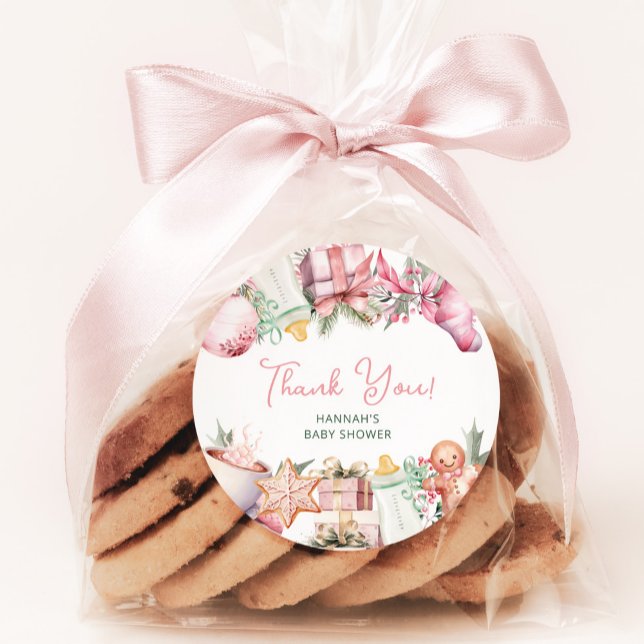 Christmas Baby Shower Pink Thank You Favour Classic Round Sticker (Creator Uploaded)