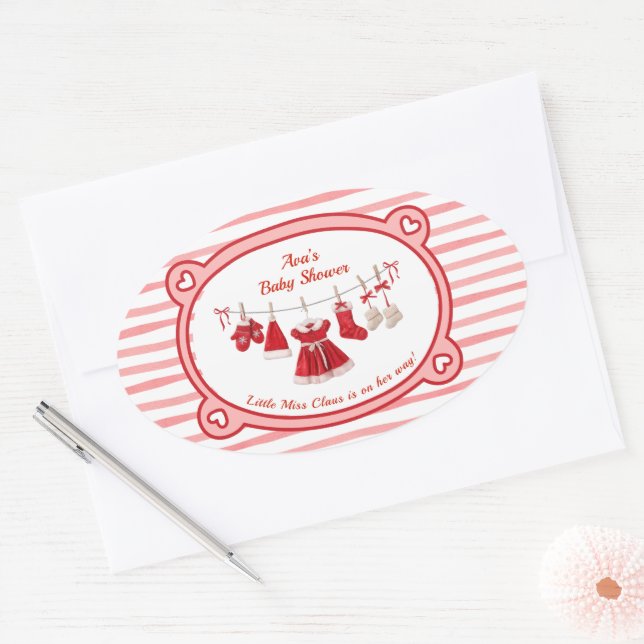 Christmas Baby Shower | Santa Clothes Red & White Oval Sticker (Envelope)