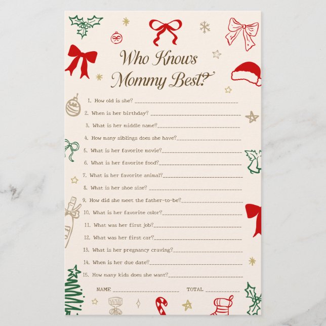 Christmas Baby Shower Who Knows the Mum Best Game (Front)