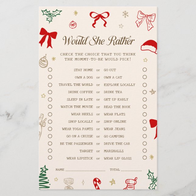 Christmas Baby Shower Would She Rather Game (Front)