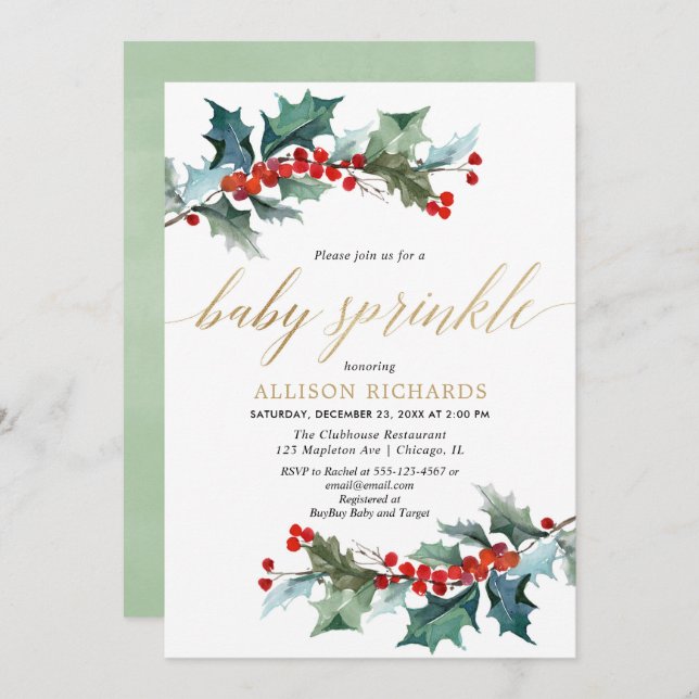 Christmas baby sprinkle gender neutral watercolor invitation (Front/Back)