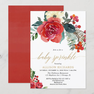 Christmas baby sprinkle red gold floral watercolor invitation