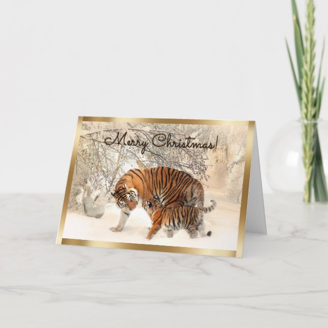 Christmas Baby tiger and Tiger mum in snowy forest Holiday Card (Front)