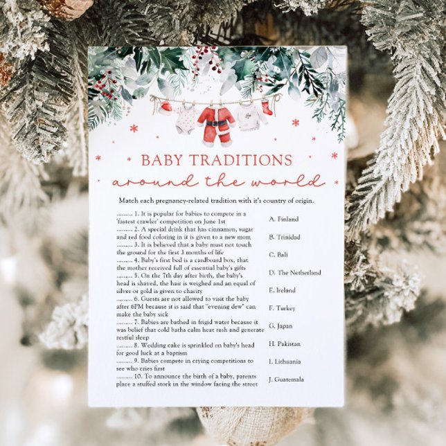 Christmas Baby Traditions Around The World Game Invitation (Watercolor Cute Christmas Baby Traditions Around The World Baby Shower Game)