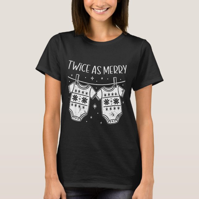 Christmas Baby Twin Mom Xmas Twin Pregnancy Reveal T-Shirt (Front)