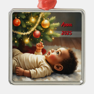 Christmas Baby Under The Tree Scene Metal Ornament