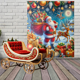 Christmas Backdrop with Santa and Reindeer Tapestry