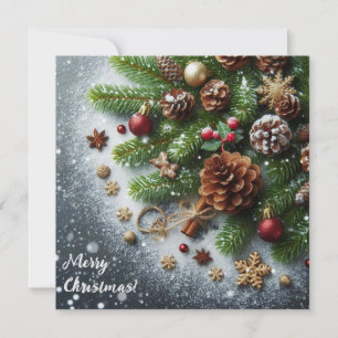Christmas background with snow, pine and cones holiday card