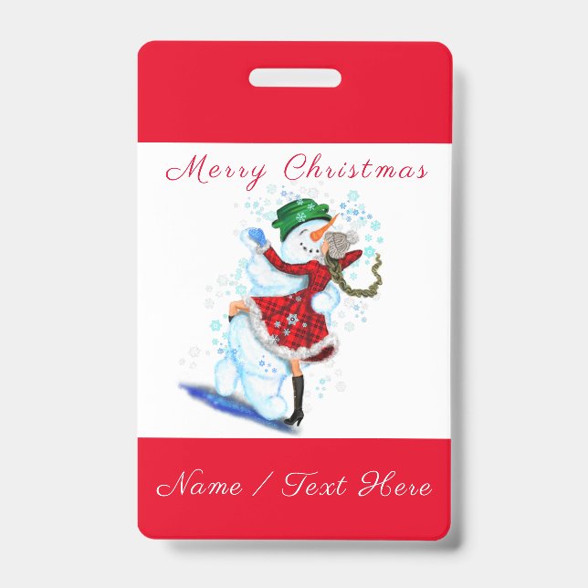 Christmas Badge Snowman and Girl Dance - Your Name ID Badge (Front)