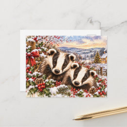 Christmas Badgers – Festive Woodland Watercolour Holiday Postcard