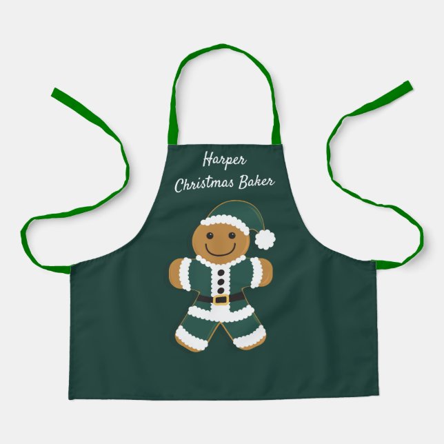Christmas Baker Name Green Santa Gingerbread Man Apron (Front)