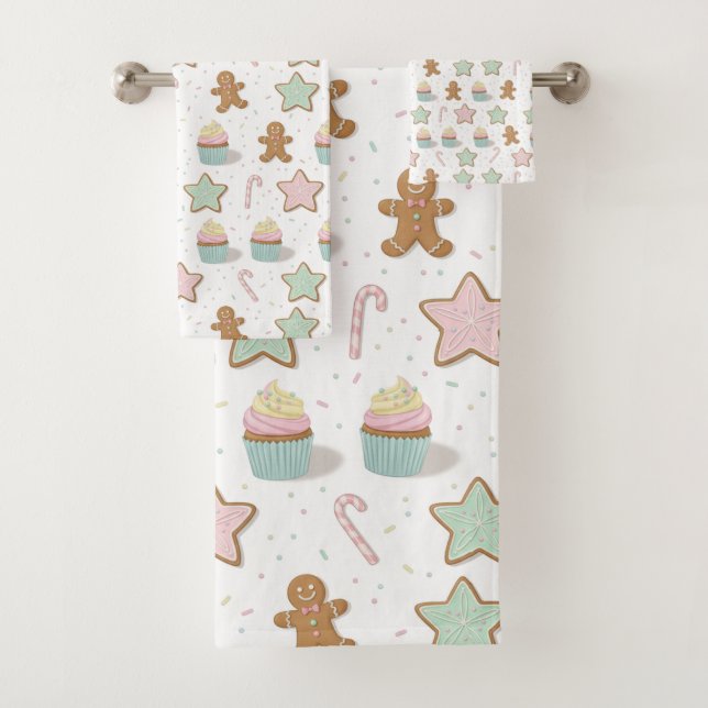 Christmas Bakery Treats Pattern Bath Towel Set (Insitu)