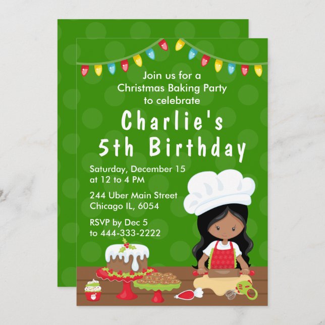 Christmas Baking Birthday African American Girl In Invitation (Front/Back)
