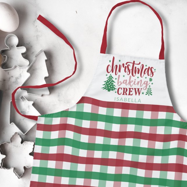 Christmas Baking Crew Name Plaid Matching Red Apron (Medium size)