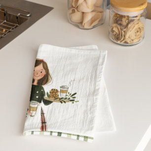 Christmas Baking Lady with Cat Personalized  Tea Towel