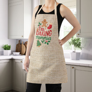 Christmas Baking Memories beige burlap Apron