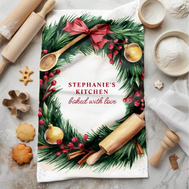 Christmas Baking Wreath Personalised Holiday Tea Towel (Creator Uploaded)