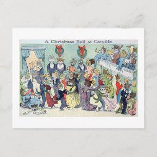 Christmas Ball at Catville, Louis Wain Holiday Postcard