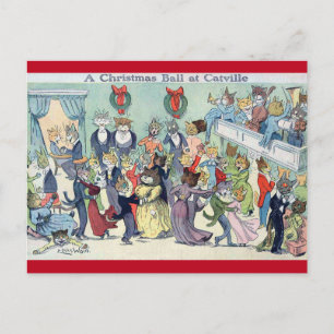 Christmas Ball at Catville, Louis Wain Holiday Postcard