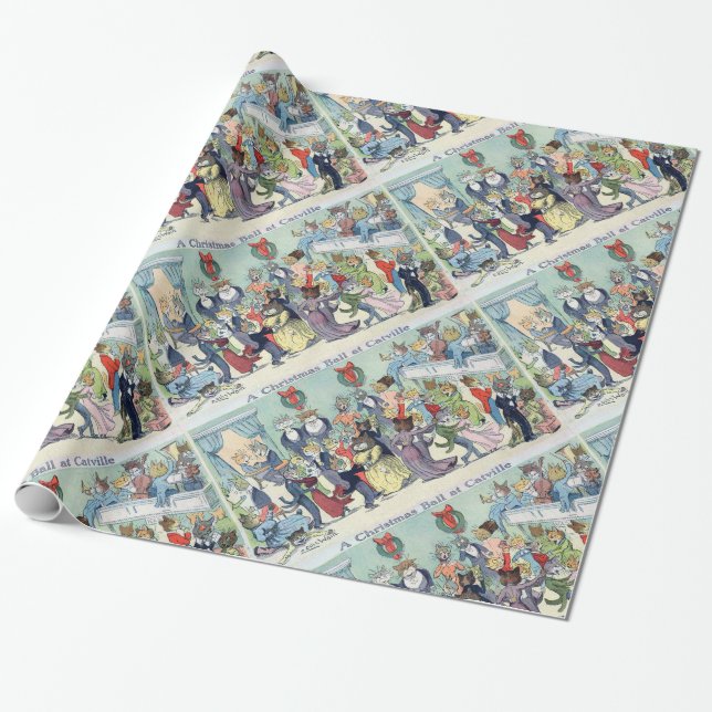 Christmas Ball at Catville, Louis Wain Wrapping Paper (Unrolled)