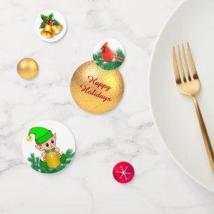 Christmas ball, bird & cute elf confetti