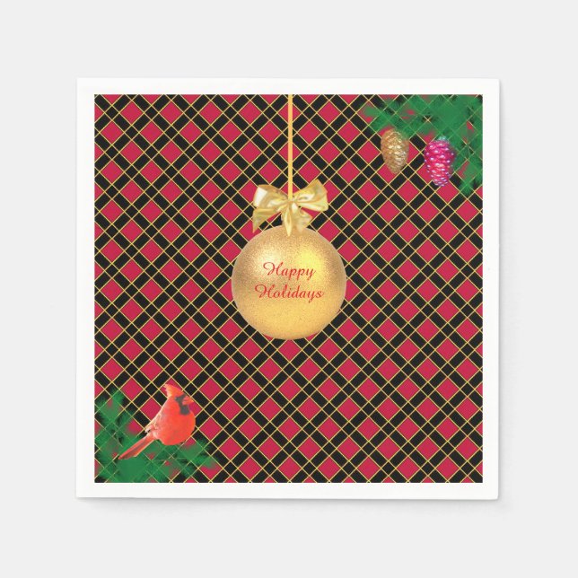 Christmas ball, bird, pine cones on Black & Red Napkin (Front)