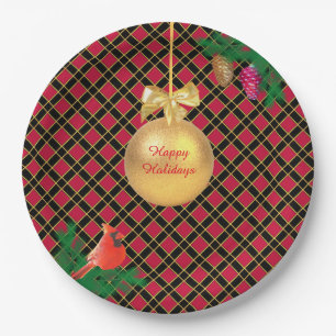 Christmas ball, bird, pine cones on Black & Red Paper Plate
