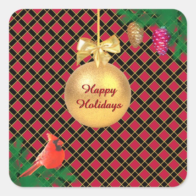Christmas ball, bird, pine cones on Black & Red Square Sticker (Front)